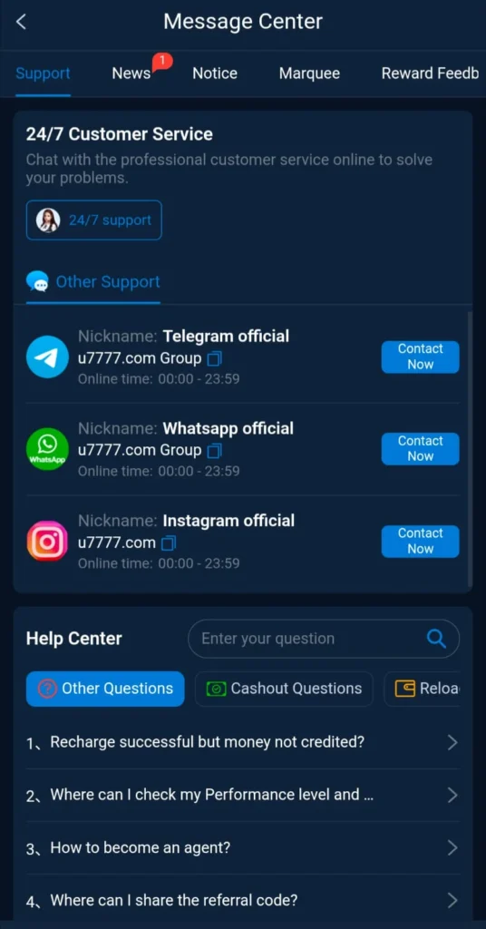 Support U7777 Game